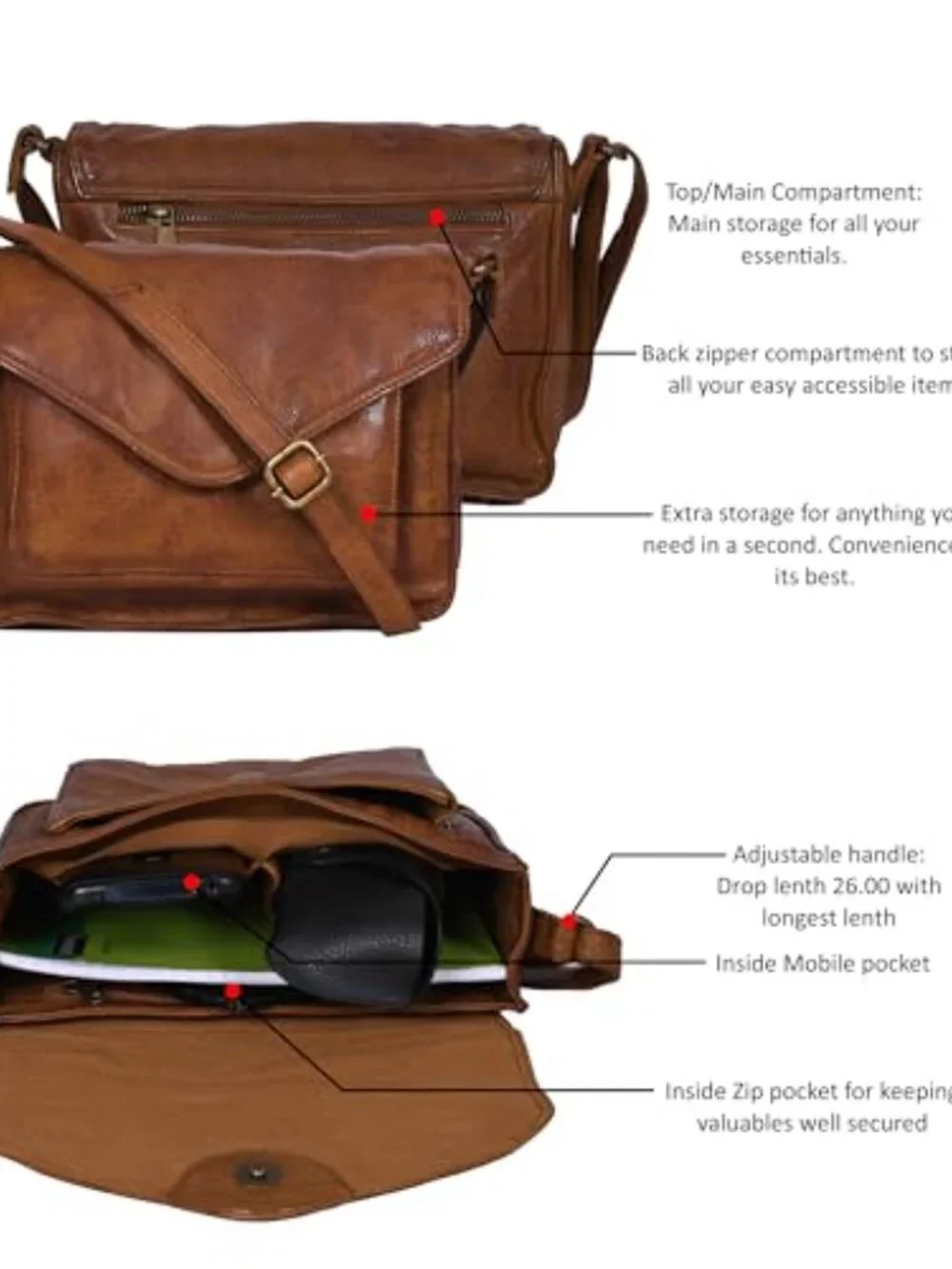 Genuine Leather Crossbody Handbag with Adjustable Strap and Overflap Snap